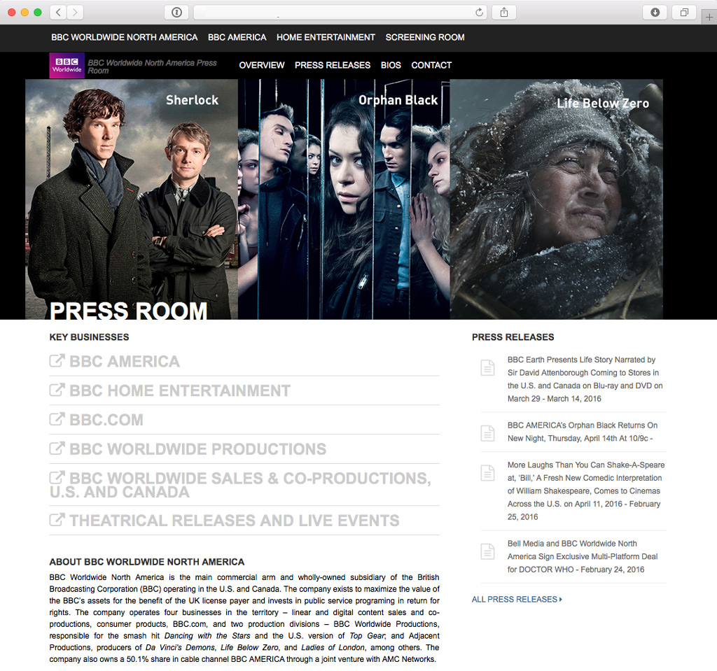 BBC Worldwide North America wanted a central press site to distribute information about its businesses 